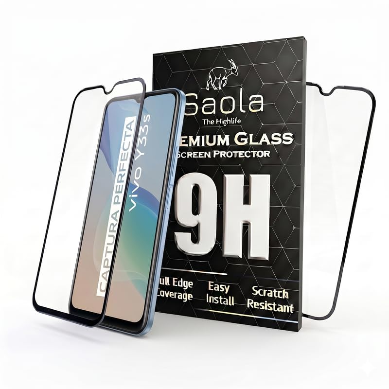 Image of Saola Hd+ Oleophobic Tempered Glass Screen Protector For Vivo Y33S Smartphone (Pack Of 2) With Free Installation Kit. Full Screen Coverage - 6.58 Inch