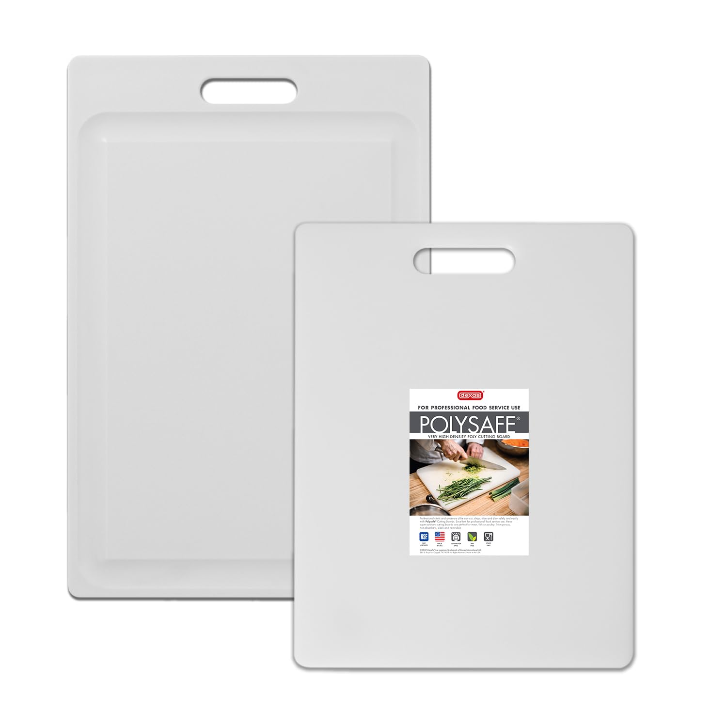 Dexas Paquete de 2 tablas de cortar Polysafe con certificación NSF, 11 x 14.5, 12 x 18 pulgadas, tabla de cortar de cocina reversible con asa y pozo de jugo, color blanco