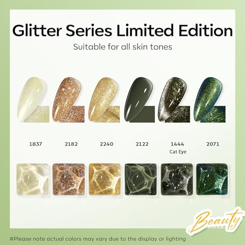 Image of modelones Gel Nail Polish Set, 6 Colors 2026 Spring Summer Green Gold Yellow Sparkle Reflective Glitter Gel Polish Dark Green 9D Cat Eye Nail polish with Magnet Soak Off LED Nail Art Kit DIY Gift