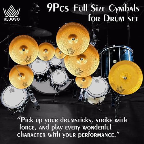 ULUOBO Low Volume Cymbal Pack, 9 Pieces Silent Cymbals, Quiet Cymbals Set for Drummer Practice, 6/8/10\'\'Spalsh+14\'\'Hihat+16\"Crash+18\'\'Crash+18\'\'China+20\"Ride, Gold