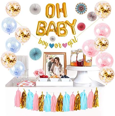 Logui Baby Gender Reveal Party Supplies Set | Gender Reveal Decorations W/ Foil Gold Oh Baby Balloon, Latex Balloons, Paper Fans, Blue, Pink, Gold Tassel and Banner. Gender Neutral Baby Shower Decorations