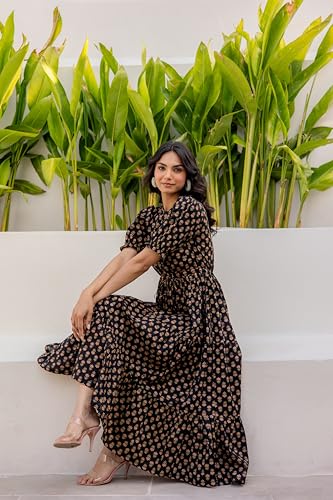 Image of LABEL ADRIJA Pure Cotton Calf Length Midi Dress for Women Floral Print | Flared Anarkali Dress Puff Sleeves