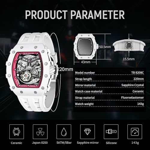 Image of TSAR BOMBA Mens Luxury Watch Automatic Watches for Men 50M Waterproof Japanese Mechanical Movement Tonneau Stainless Steel Case Sapphire Glass Big Face Cool Unique Fashion Gift Men