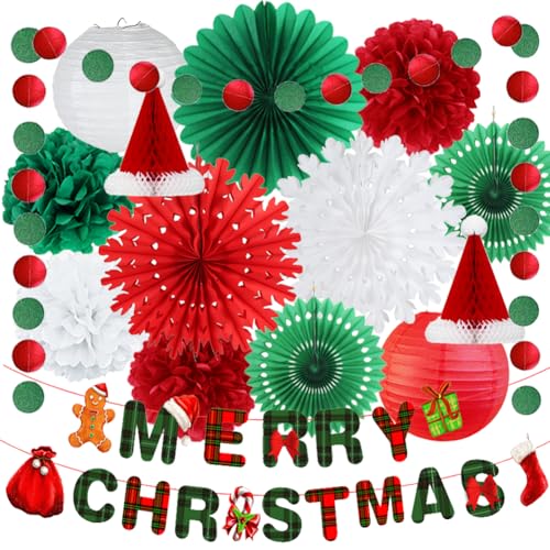 Christmas Paper Party Decorations Merry Christmas Bunting Banner Red Green White Paper Fans Pom Poms Lantern for Xmas New Year Eve Hanging Party Decor