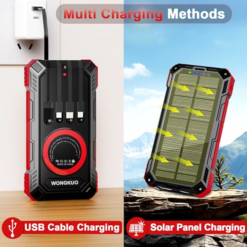 Image of Solar Charger Power Bank - 49800mAh Solar Phone Charger with USB-C in /Output, QC 3.0 Fast Charging with LED Flashlight, Built-in 4 Cables, IP65 Waterproof Fits for Outdoor (Brilliant Red)