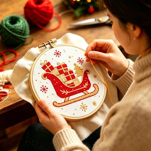 Image of Zhenqing Stamped Cross Stitch Kits for Adults Beginners, Christmas Cross Stitch Kit, 3 Pack Holiday Needlepoint Craft Set with Printed Pattern Fabric, Christmas Tree, Sleigh and Wreath Designs