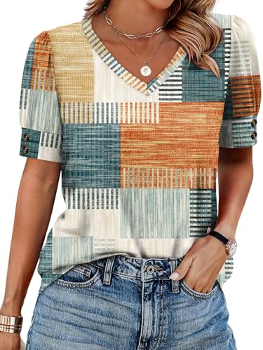 Image of OFEEFAN Womens Tops Short Sleeve Shirts Buttons V Neck Spring Fashion Summer Outfits Plus Size Blouses Dressy Casual