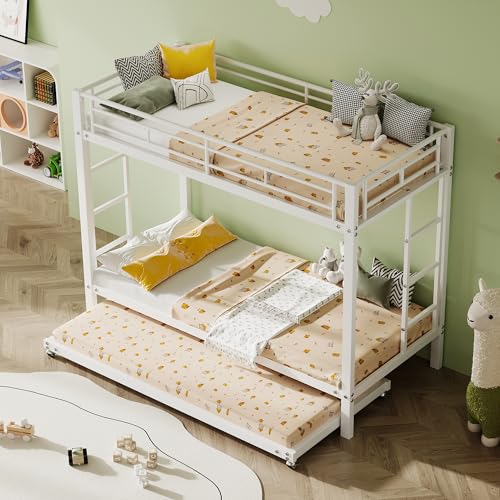 odikalo Literas 3 Camas 90x200 cm con Cama extraíble 90x190 cm Incluidas Las Pastillas de Freno, Marco de Camas de Metal con Barreras de Seguridad, con somier de láminas, sin Colchón, Blanco