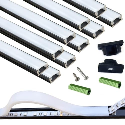 THMOOTHER LED Strip Pre-Drilled Black U Channel Diffuser 10-Pack 3.28FT Surface Mounted Tape Light Aluminum Track with Continuous Silicone Cover. Flush Installed Low Profile (Black 10X3.3FT)