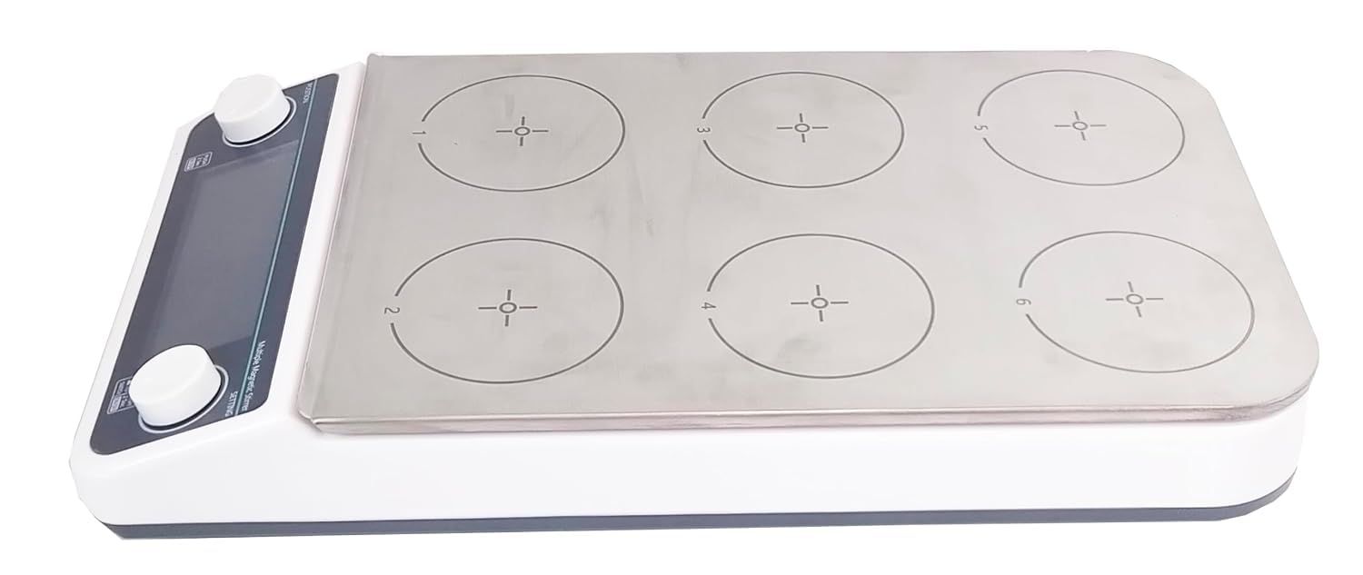 Piastra riscaldante con agitatore Magnetico a 6 Posizioni, 50-1200 Giri/min, 6 x 500 ml, Piastra in Acciaio Inox 304