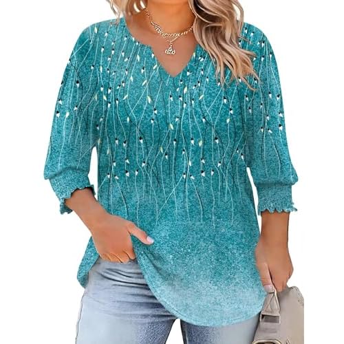 Rapbin Womens Plus Size Tops 3/4 Sleeve Blouses Shirts Casual V Neck Loose Tunic Tops 1X-5X XX-Large Blue Green Floral
