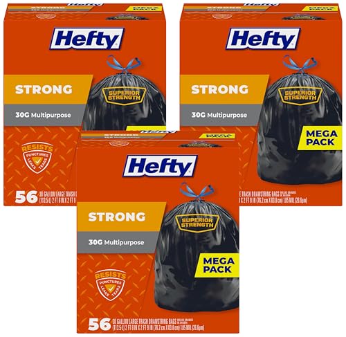 Image of Hefty Strong 30 Gallon Trash Bags, Large Trash-Bags 30 Gallon Size, Durable Drawstring Enclosure, Resists Punctures, Leaks, and Tears, Black, Unscented, 56 Bags (Pack of 3)
