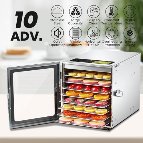 Image of Cercker Food-Dehydrator Machine 8 Stainless Steel Trays, 500W Jerky Dehydrator for Meat, 190ºF Mushroom Dryer, 24H Timer Fruits Dryer for Herbs, Veggies, Yogurt & Dog Treats