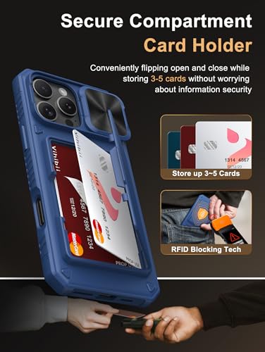 Image of Vihibii PC + Silicone Wallet Case With Card Holder(4 Cards) [RFID Blocking]&Slide Camera Cover&Raised Edges Protect Screen,Shockproof Rugged Case For iPhone 16 Pro Max 6.9 inch 2024,Blue