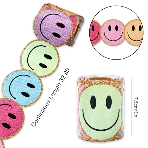 Image of Whaline 32.8ft Happy Face Bulletin Board Border Rose Red Blue Purple Smile Face Die-Cut Border Trim with Gold Edge for Retro Boho Chalkboard Decoration