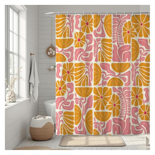 FTSYAD Abstract Geometric Floral Shower Curtain, Cute Orange and Pink Boho Floral Pattern, Waterproof Polyester Fabric Shower Curtains Sets with Hooks for Bathroom 72x72 Inches