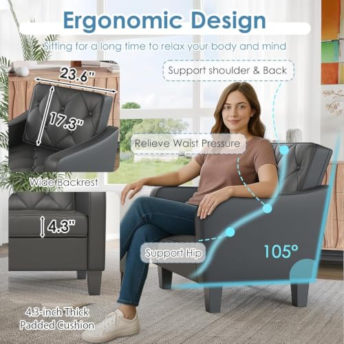 Image of Black Accent Chairs, Faux Leather Armchair, Mid Century Modern Lobby Chair | STHOUYN Waiting Room Chairs, Tufted Back Upholstered, 330LBS Capacity, Office Guest Chairs Living Room Bedroom