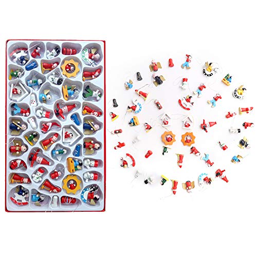 48Pcs Christmas Miniature Ornament Set Mini Wooden Christmas Tree Hanging Ornaments Figures Snowman Angels Santa Claus Advent Calendar Stuffers for Christmas Tree Hanging Decorations