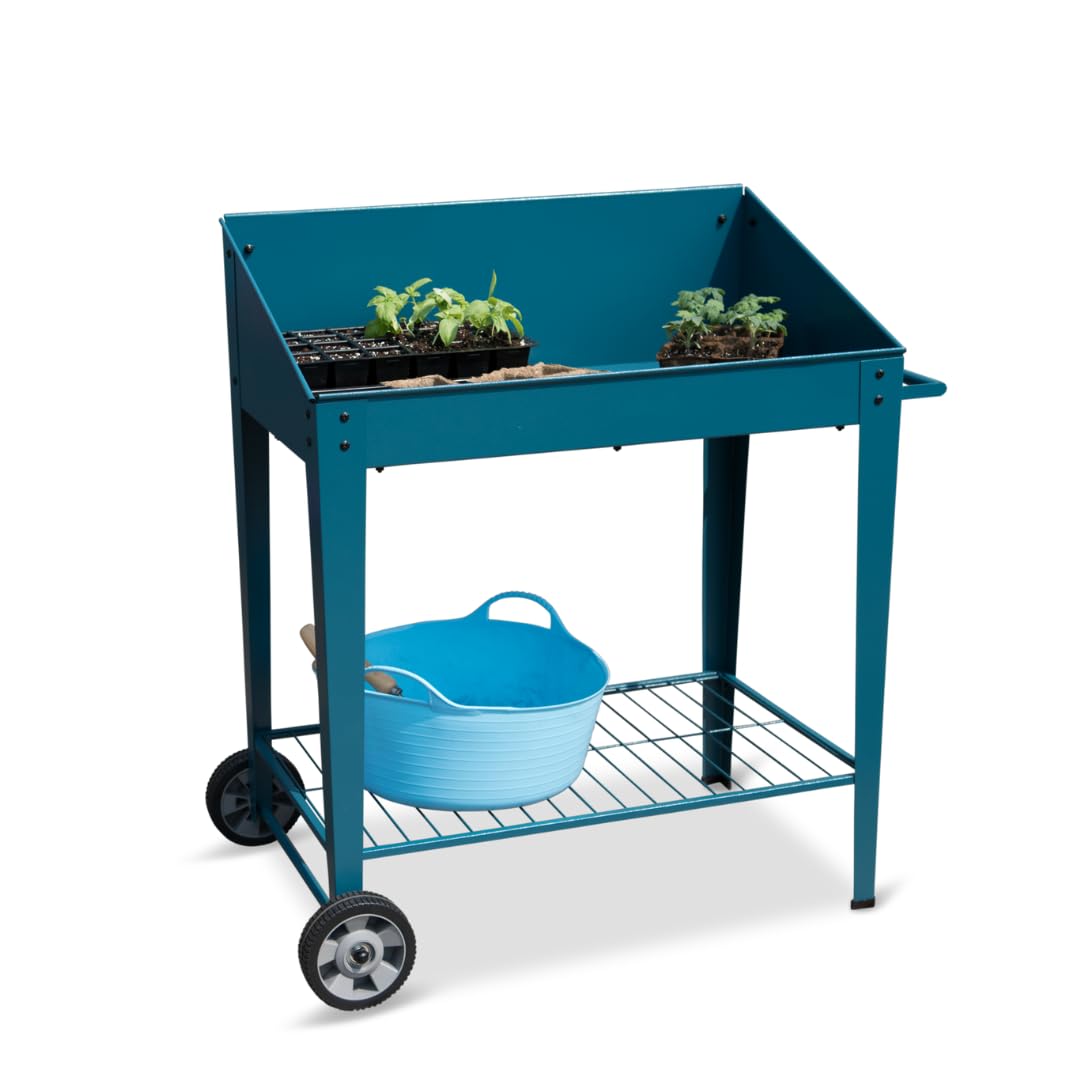Gardener's Supply Company Demeter Metal Potting Bench with Wheels | Heavy Duty Outdoor Garden Work Table Workbench Workstation with Side Metal Sidewalls | Best for Seed Starter Planting & Transplants