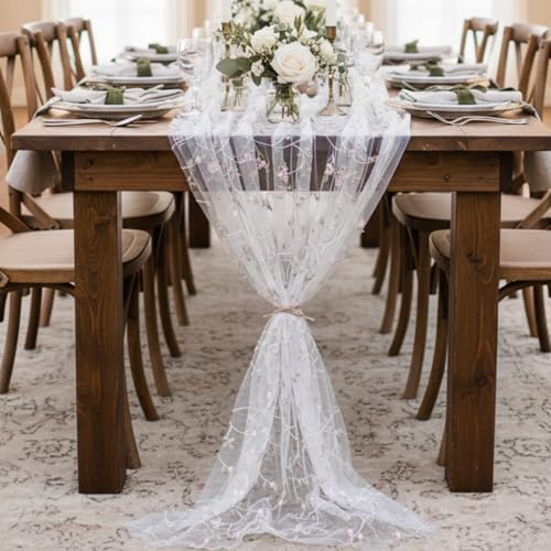 Lounsweer 3 Pcs Flower Table Runner 10ft Embroidery Flower Seasonal Table Runner Tulle Fabric Spring Summer Lace Tablecloth for Bridal Shower Baby Shower Holiday Kitchen Dining Decor DIY Craft by Lounsweer - Image 4