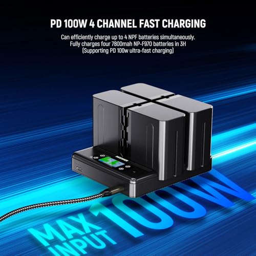 Image of NEEWER NP-F970 4 Channel Charger with Smart Power Consolidation Compatible with Sony NP-F550 750 Camcorder NPF Camera Battery, PD100W Fast Charging /Dual USB C /OLED Display /100W Type C Cable, NW-F4R
