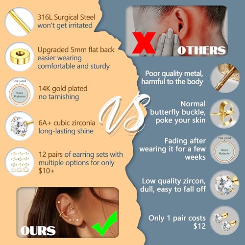 SAILIMUE 14K Gold Plated Flat Back Stud Earrings for Women | Hypoallergenic Surgical Stainless Steel Earrings | Screw Back Earrings Sets for Multiple Piercing | Small Cartilage Earring Studs4