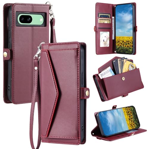 Protection Google Pixel 9 étui cuir bordeaux avec sangle et rangement carte