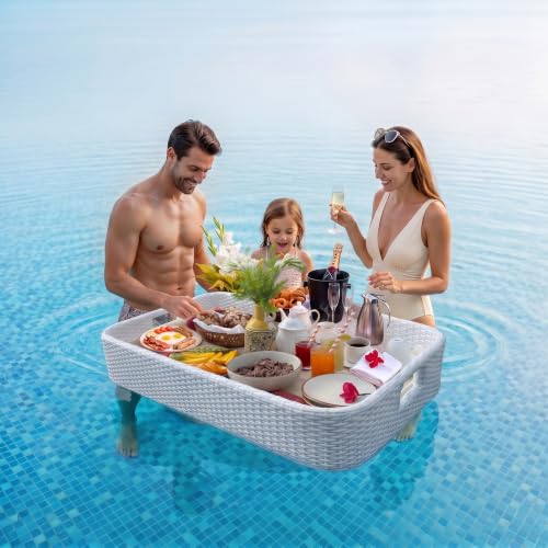 Image of BRISHI Luxury Floating Serving Tray | Swimming Pool Floats for Adults for Sandbars, Spas, Bath, and Parties | Floating Tray for Pool Serving Drinks, Brunch, Food on The Water (White).