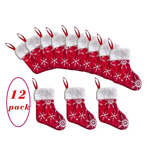 Vanteriam 10 Inch Mini Christmas Stockings With White Snowflake, 12 Pack Red Small Xmas Stockings With Fleece Cuff, Rustic Stocking Decorations For Whole Family #TOP3