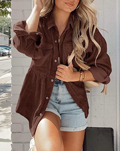 Tutorutor Womens Corduroy Shirts Casual Long Sleeve Button Down Blouses Tunic Babydoll Dress Loose Pocket Jacket Shackets2