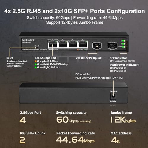 Image of MokerLink 4 Port 2.5G Managed Switch with 2 Port 10G SFP+ Slot, 4 x 2.5Gigabit Base-T Ports Compatible with 10 /100 /1000Mbps, Mini Size Metal Web Managed Fanless Network Switch