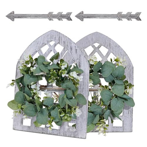 WAKOSAN Rustic Wood Window Frame Wall Decor with Wreath & Arrows Set of 2