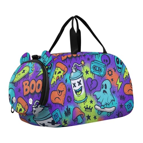 Street Graffiti Vector Patterns Boy's Gym Duffel Bag with Shoes Compartment Large Capacity Carry on Luggage for Travel, Sports, Duffel, Weekender