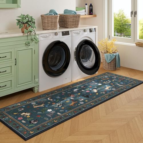 Runner Rug for Kitchen Non Slip 2'6''x8' Washable Rugs with Rubber Backing Soft Floral Animal Cat Carpet Runner for Kitchen Laundry Bedroom Bathroom, Pearl Gentian Blue