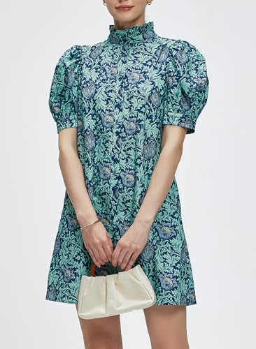 Ladyful Women's Summer Floral Dress Short Sleeve Button Down Shirt Mini Dress Ruffle Mock Neck Shift Sundress4