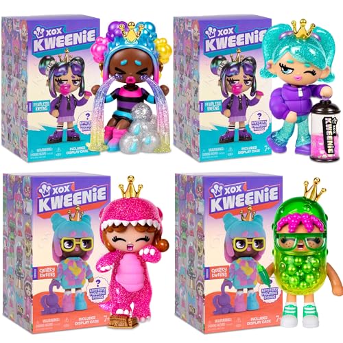 Tharos Distribution XOX Kweenie 4 Inch Mystery Figurine 4-Pack Bundled Gift Set - (2) Quirky Kweens and (2) Fearless Kweens Series Includes Display Case