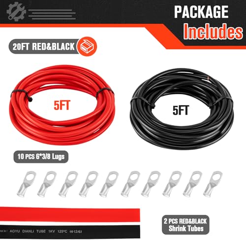 Image of 6 Gauge Wire 6 Awg Wire 5FT Black + 5FT Red, 6 Gauge Battery Cable 6 Gauge Marine Wire, 6 Gauge Copper Welding Cable Standard with Wire Lugs Terminal Connectors and Heat Shrink Tube