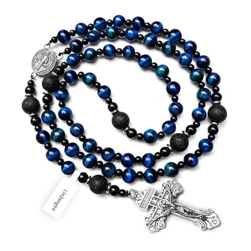 rosary beads catholic for men,Rosary Necklace for men with medal & cross,Handmade Blue Tiger Eye Beads Our Lady of Grace Rosary Cross Necklace Catholic Gifts2