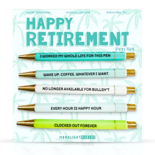 Moonlight Makers - Set of 5 Ballpoint Pens Black Ink- Engraved Funny Pens for Adults - Happy Retirement Appreciation Adult Gifts - Ideal Desk Decor for Work & Office Desk - Cute Packaging, Handy Clips