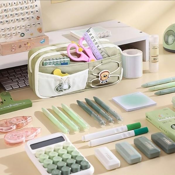 Image of Alokik Cute Bread Yellow Pencil Pouch for Girls & Kids, Multi-Layer Large Capacity Pen Case with Compartments, Mesh Pocket & Zipper, Aesthetic School Stationery Organizer Bag(Bread - Green)