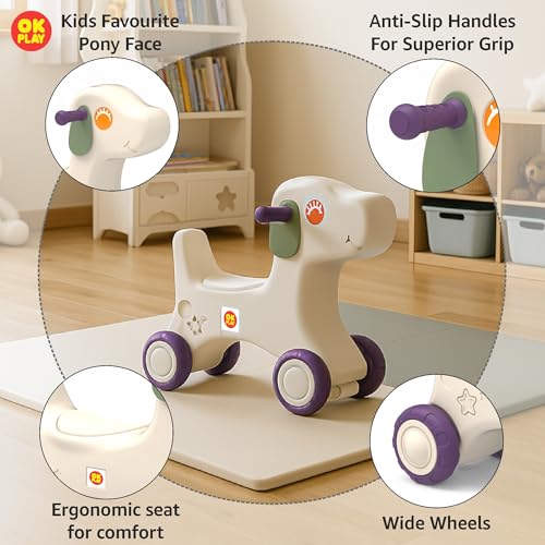 Image of OK PLAY Puppy Ride On Push On for Kids | Backrest | Easy Grip | Anti Skid | Four Wheel Ride | Baby Ride On | Indoors and Outdoors Games | Light-Weight | Durable | Portable | Purple & Ivory | 1 Years+