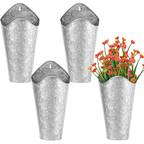Mukchap 4 Pack Galvanized Metal Wall Planter, 12 Inches Tall Tin Wall Planter, Galvanized Hanging Bucket Wall Vase Planters For Rustic Home Wall Decoration And Artificial Plants, Silver #TOP26