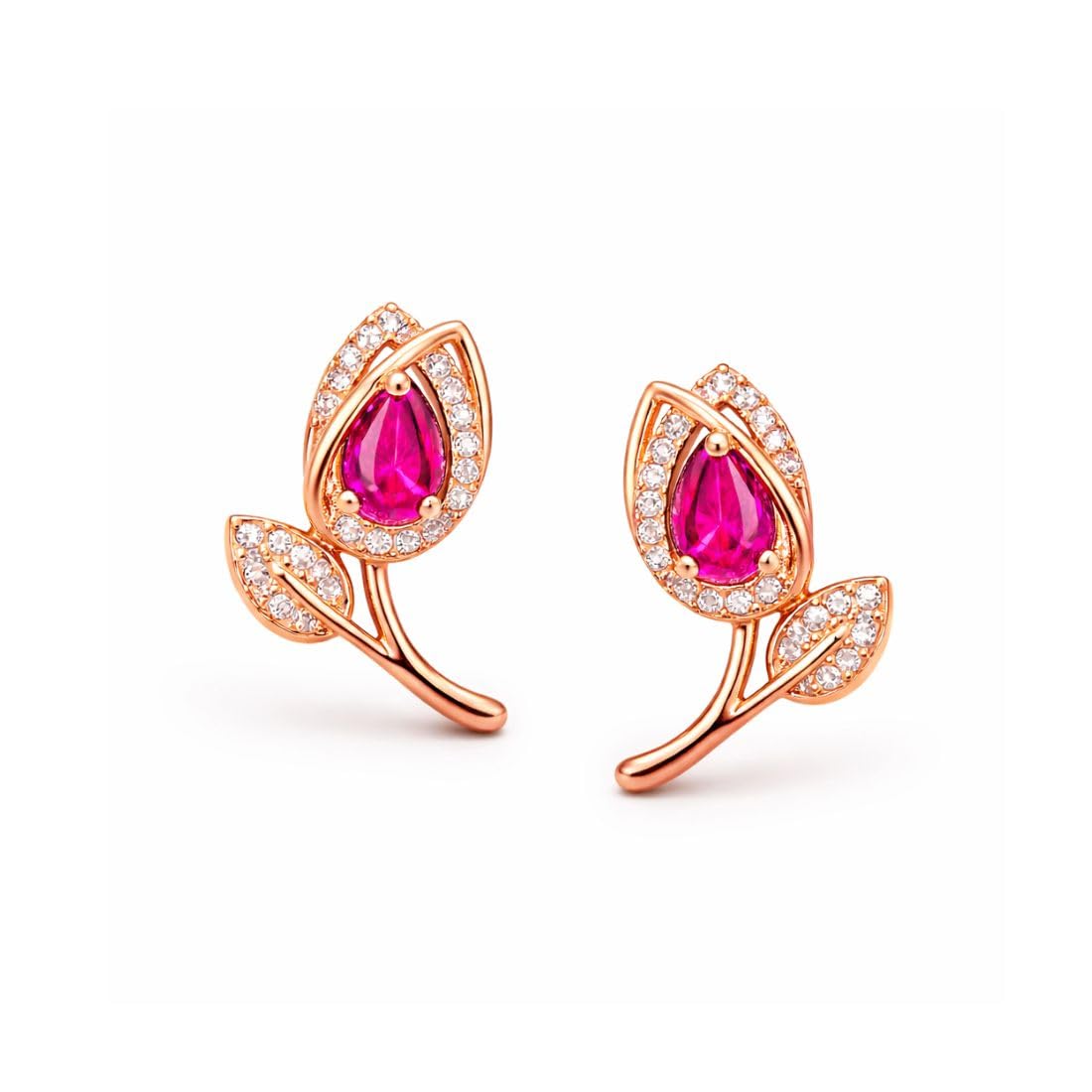 Rose Gold Floral Stud Earrings With Pink Stone for Women-image-16
