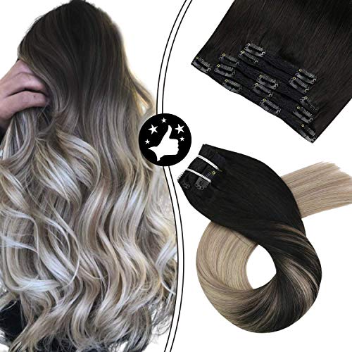 Moresoo Remy Clip in Hair Extensions 14inch Human Hair Extension Blonde Fine Hair Extensions Black Ombre to Blonde Mixed Extensions 5P/70G Thick Clip Extensions