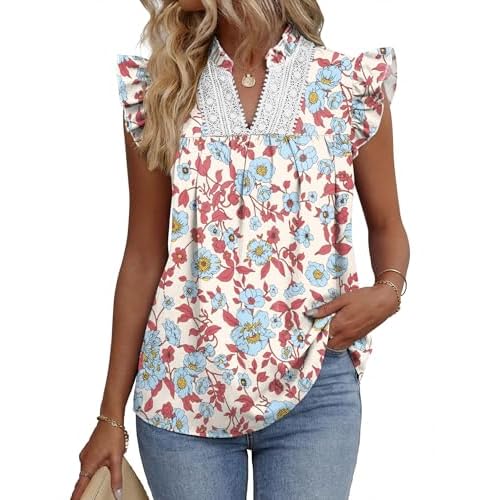AKEWEI Womens Summer Ruffle Sleeve Lace Embroidered V Neck Work Blouses Pleated Tank Top