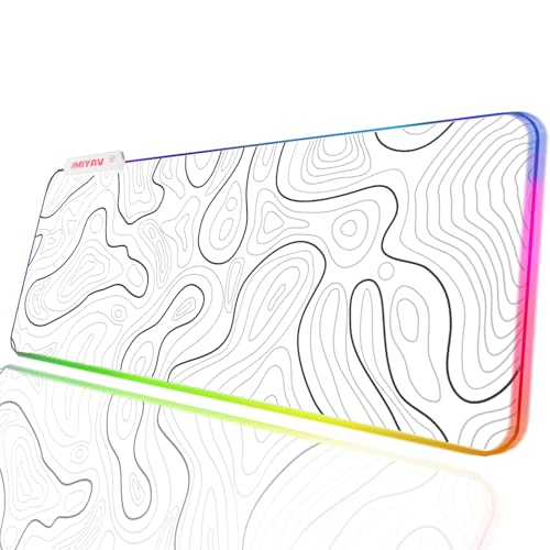 JMIYAV Gaming Mouse Pad RGB Mousepad Non-Slip Rubber Base Large Cool XL XXL Computer Desk Pad Gaming Accessories LED Light Up Big Mouse Pad for Gamer Topographic White (31.5x12In)