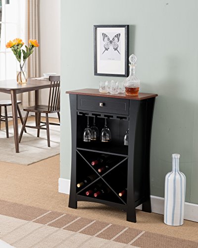 Kings Brand Hiland Bar Cabinet Wine Storage With Glass Holders & Drawer, Black