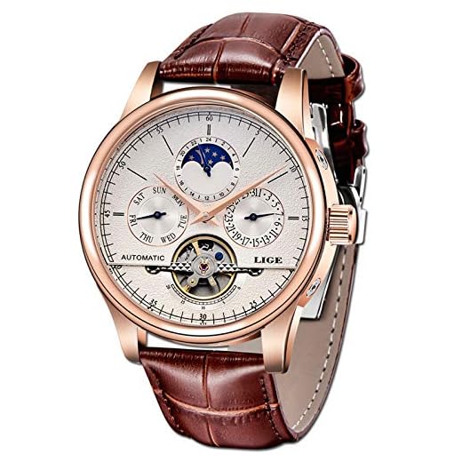 Relógio masculino LIGE à prova d'água, mecânico, automático, dourado, pulseira de couro branco, Dourado, branco