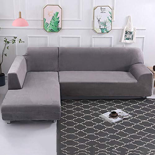 Dightyoho Funda de Sofa Elástica Chaise Longue Brazo Largo Derecho Cubre Sofá Modelo Acolchado Diseñada de Forma L Protector para Sofá de Terciopelo Grueso Color Sólido (Gris, 2 + 3)