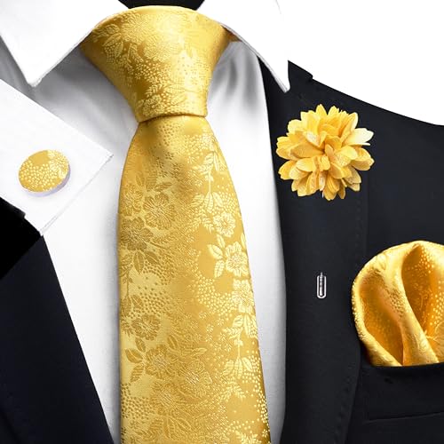 Image of GUSLESON 3.15 inch(8cm) Mens Floral Tie and Lapel Pin Necktie Hankerchief Cufflinks Set for Men